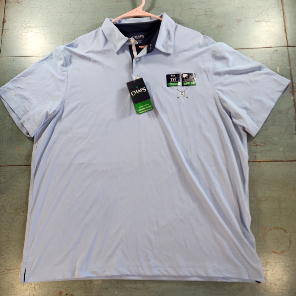 NWT Chaps Men's4 Way Stretch Blue Golf‎ Shirt With Blue Trim & Logo  Size 2XL